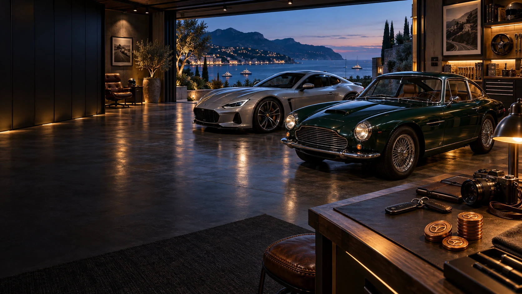 A collector’s waterfront garage with a modern coupe, a classic car and a workbench