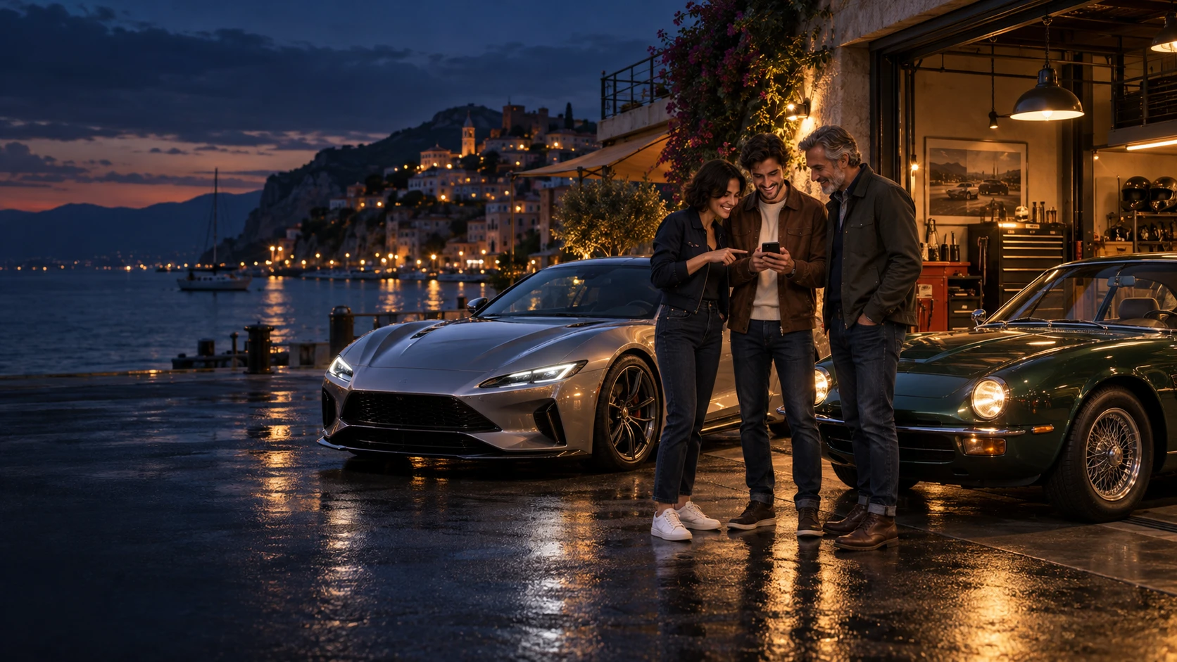 Three collectors share a discovery beside their cars at a waterfront garage